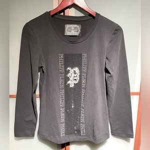 Phillip Plein Platinum Cut Crystal & Beaded Embellished Longsleeve Shirt Top M